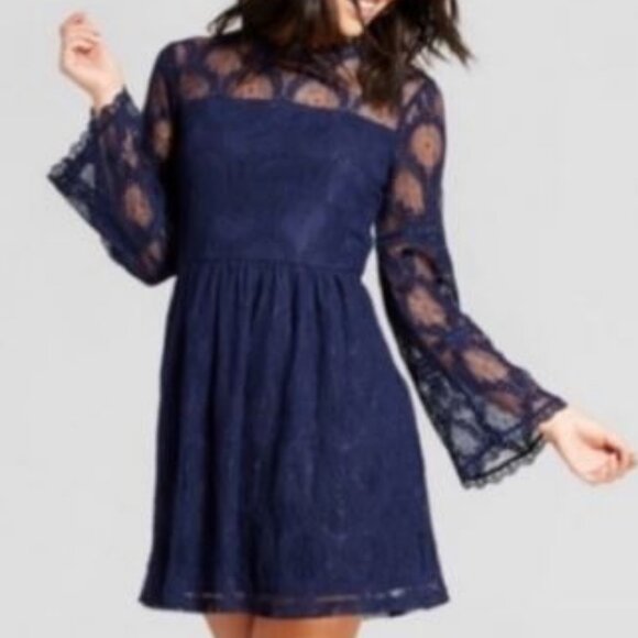 Xhilaration Dresses & Skirts - Xhilaration Dark Blue Floral Laced Bell Sleeve Dress Size Medium